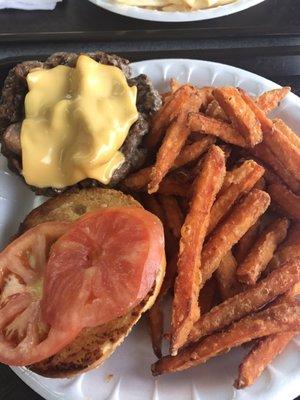 Bacon Cheeseburger & Onions with Sweet Potato Fries