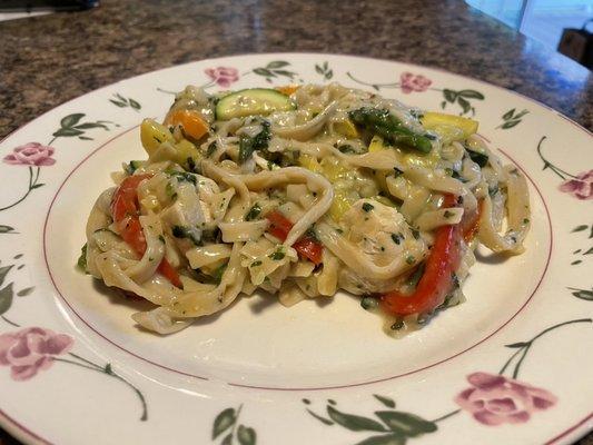 Roasted Vegetable Primavera with Chicken and Brown Rice Noodles