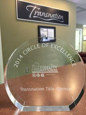 Transnation Title Agency is proud to be awarded the "2014 Circle of Excellence" award by Fidelity National Title Group.