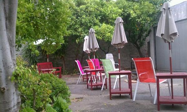 Backyard of the house... Comfy chairs, fire pit and wonderful citrus trees