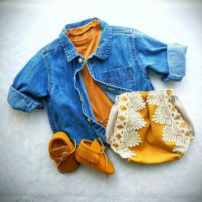 Boho Linen and Crochet Trim Bloomers with Moccasins and Denim Button up