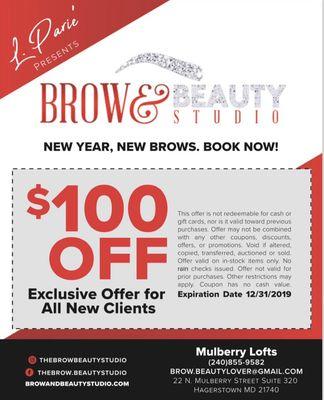 Receive $100 OFF ANY EYEBROW EMBROIDERY SERVICE (ombré/MicroShading/combo brows) NEW CLIENTS ONLY OFFER EXPIRES 12/31/2019