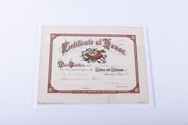 Antique 1885 Certificate of Honor School Rewards Manayunk Philadelphia. Part of the Honor Society Foundation Collection