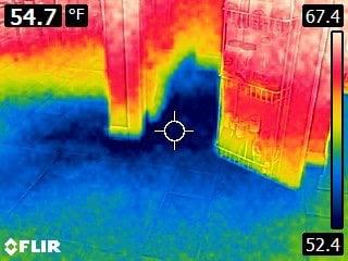 Infrared imaging of cold water floor leak.