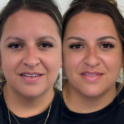 Before and after, immediately after nano brows procedure