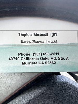 This is the name and number of an amazing license massage therapist. She is located inside the office of California Oaks Chiropractic.