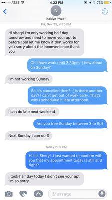 Text message with the owner/waxer Kaitlyn who consistently cancels her appointments