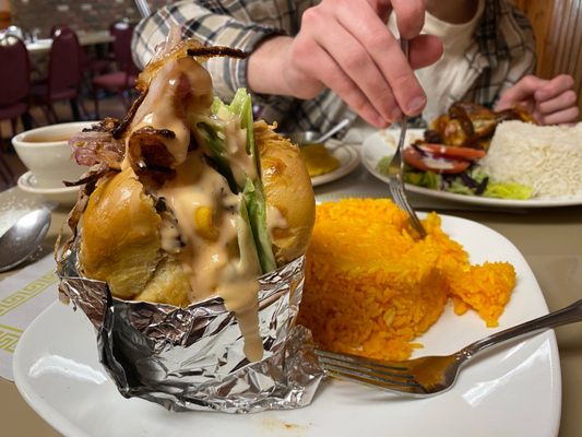 Colombian Cheeseburger, Yellow Rice,