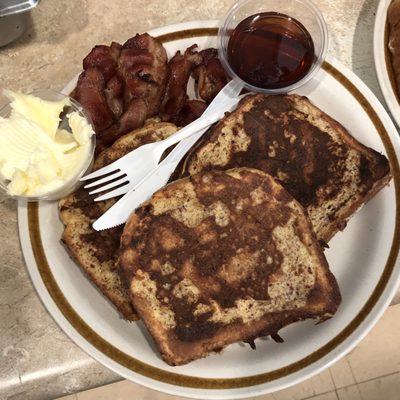 Griddle specials like French Toast with side order of bacon for here or to go.