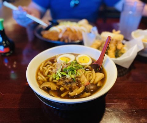 Tempura UDON (add egg) & Tempura basket, Pork Katsu in back.