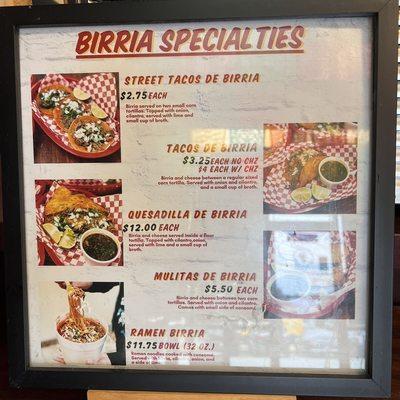 Birria Specialties Menu 9/26/22