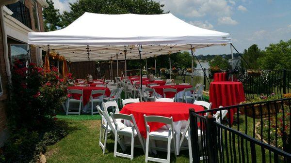 Tents, tables, green turff, garden chairs, lights, pedestal fans, table covers....