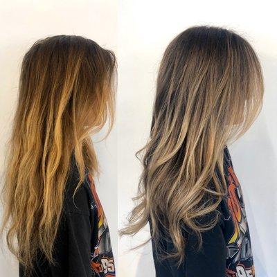 What a transformation! The placement of highlight is just as important as creating depth for this balayage look.