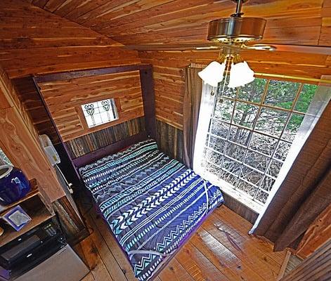 As viewed from double/full size bed in the loft... below is queen size murphy bed... modern bathroom is on the right.