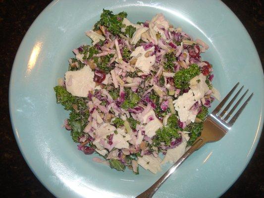 Kale & Cabbage Slaw w/Cranberries & Sunflower Seeds in a Sweet Onion Poppy Seed Dressing. gf, veg