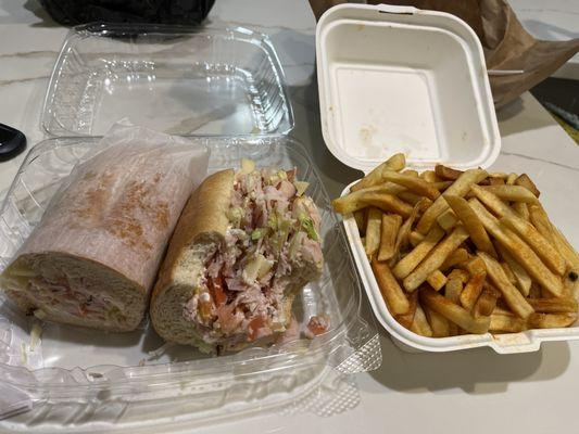 Chopped honey turkey n cheese with seasoned fries