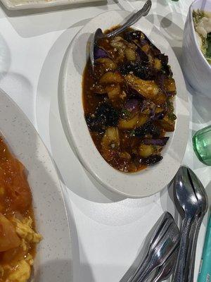 Eggplant with meat and garlic sauce