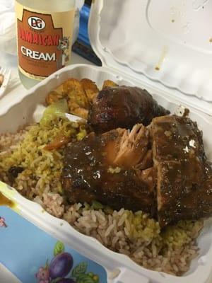 Medium plate, more than enough.  Get a different flavor gravy for your rice and peas