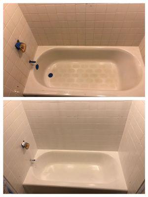 Before and after of a porcelain tub and tile surround