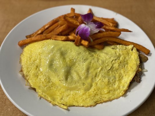 Philly Cheesesteak Omelette with sweet potato fries