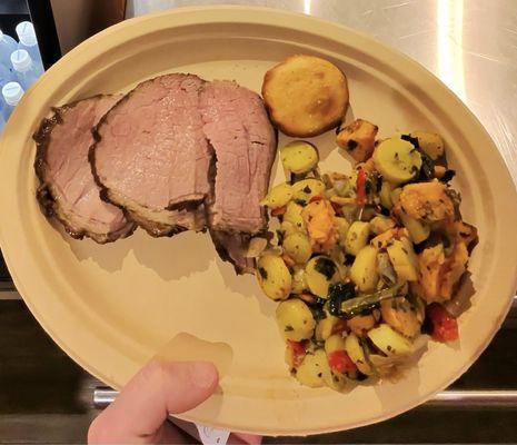 Rotisserie beef and roasted vegetables