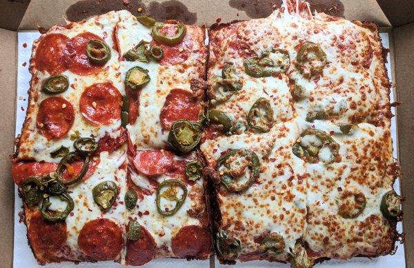 Left Side - Extra pepperoni & Jalapeno Right Side - Extra Cheese, Pepperoni, Jalapeno *Ask for overcook. It's an option on app as well.