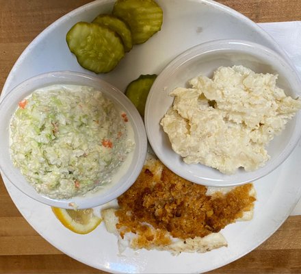 Baked cod/haddock with Cole slaw and potato salad