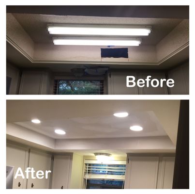 Kitchen fluorescent converted to recessed can lighting changes the whole energy of your cooking space!