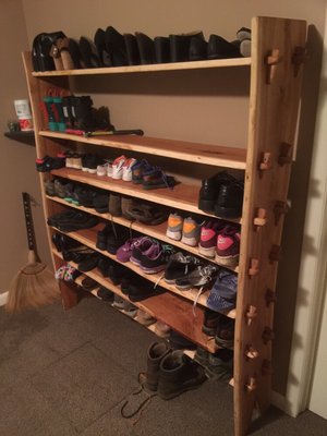 This is a shoe rack which I made out of a cherry tree which I cut down. Mill the word on my Saw Mill