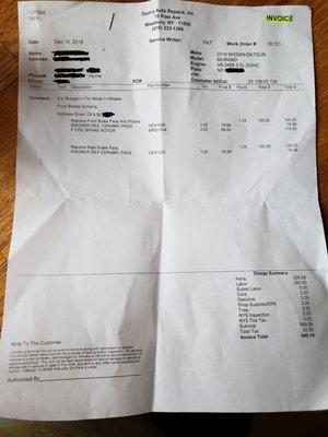 Invoice for brakes and rotors change