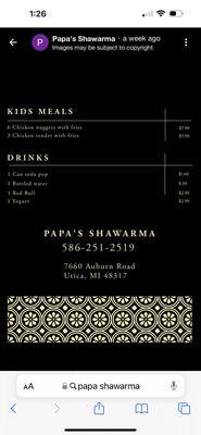 New Mediterranean restaurant, just opened a week ago. Current menu and prices.