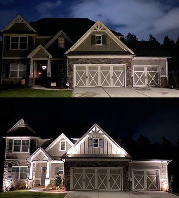 Before and after picture of a landscape lighting job!