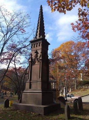 A brownstone monument after an extensive restoration.