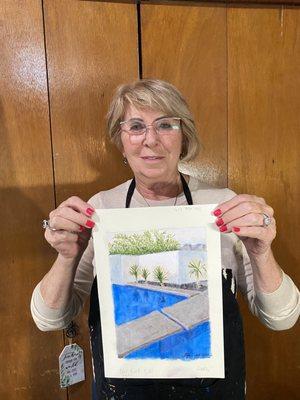 My art student Luda S. with her stunning acrylic swimming pool study.