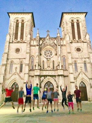 Having fun at San Fernando Cathedral.  Running tours are a great way to see lots of sights while visiting a new city!