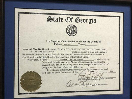 State of Georgia Credentials for Personal Injury Attorney Sutton T Slover