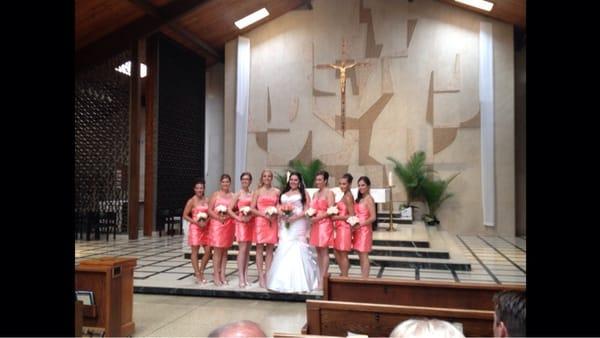 coral satin bridesmaid dresses purchased at Jacqueline's Bridal