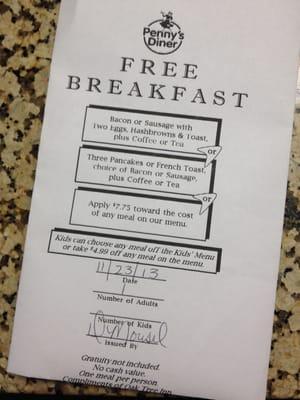 The free breakfast voucher for Penny's Diner that comes with Oak Tree Inn lodging.