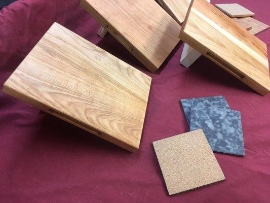 6" x 10" cutting boards, various hardwoods with hand hold on long edge. $25 4"x4" coasters, $3 ea. or 4 for $10.