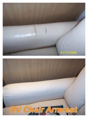 Repair cracks in leather RV chair armrest - Before and After