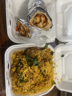 Chicken Biryani and Chicken Boti Kebab Wrap