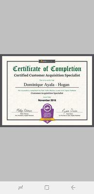 My Certification as a Customer Aquisition Specialist