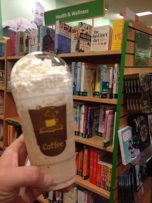 Coffee Frappe and hard back books.