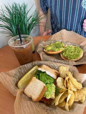 Gluten Free California and avocado bagel with an iced Americano (splash of Oatmilk)