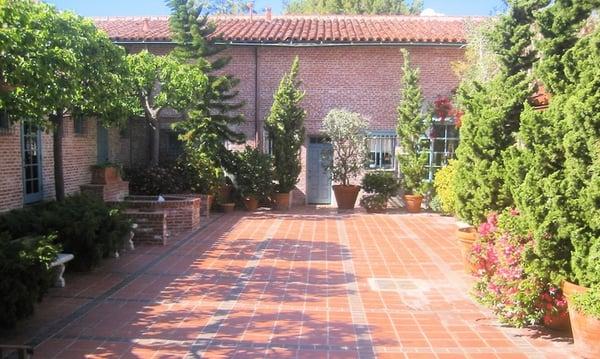 behind the bank is a patio with seating