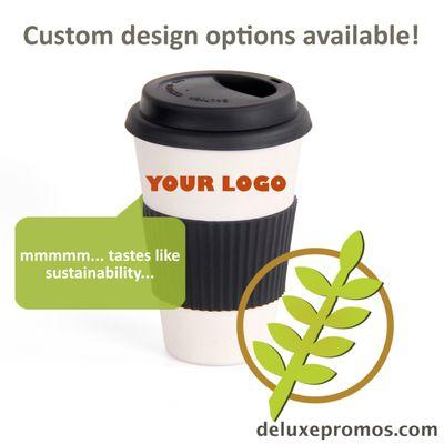 Custom logo'd reusable biodegradable bamboo fiber cup for business promotion. Promote sustainably at deluxepromos.com.