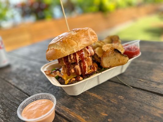 Burger with fresh made chip fries.