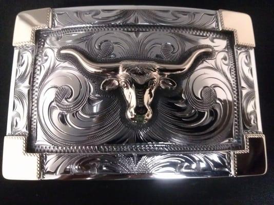 Rogelio's Designs Engraver & Silversmith: Longhorn Trophy Buckle, 14K gold corners, hand engraved.