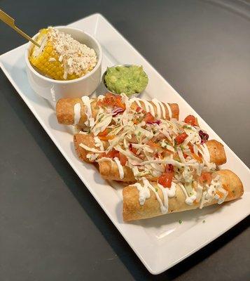 Chicken flautas , roasted corn, guacamole, pico de Gallo, sour cream.