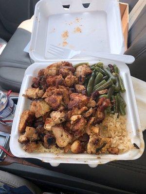 Blackened chicken, rice, fresh green beans!